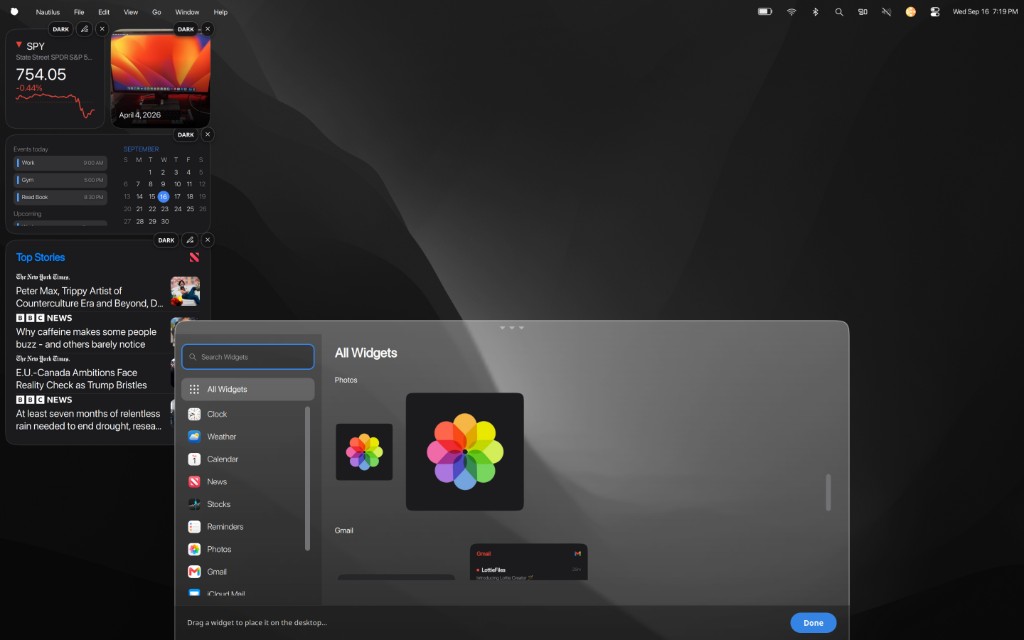 Widget picker open over a desktop with stocks, photos, calendar, and news widgets